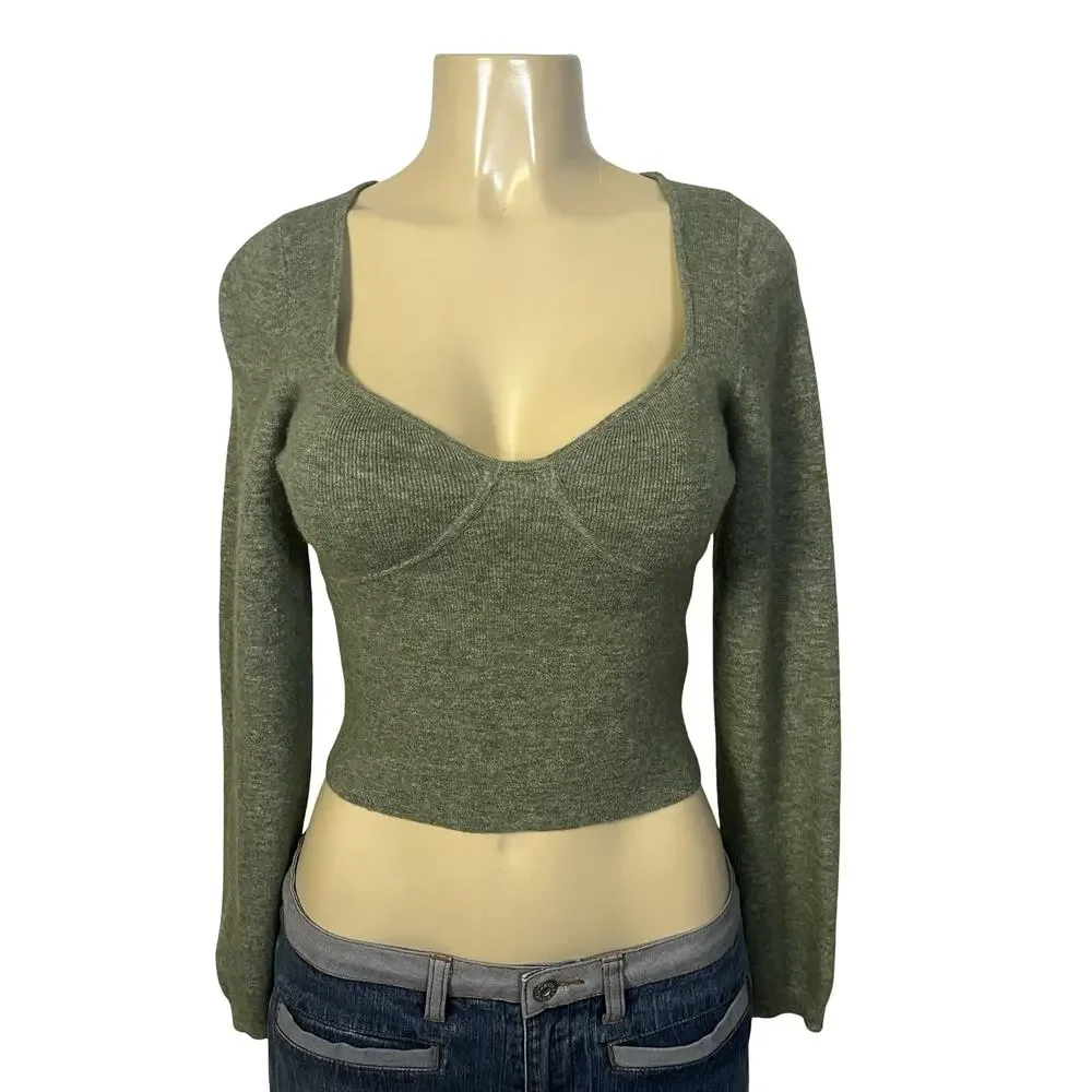 Wilfred Aritzia Sweater Womens Large‎ Green Square Neck Bustier Crop Long Sleeve
